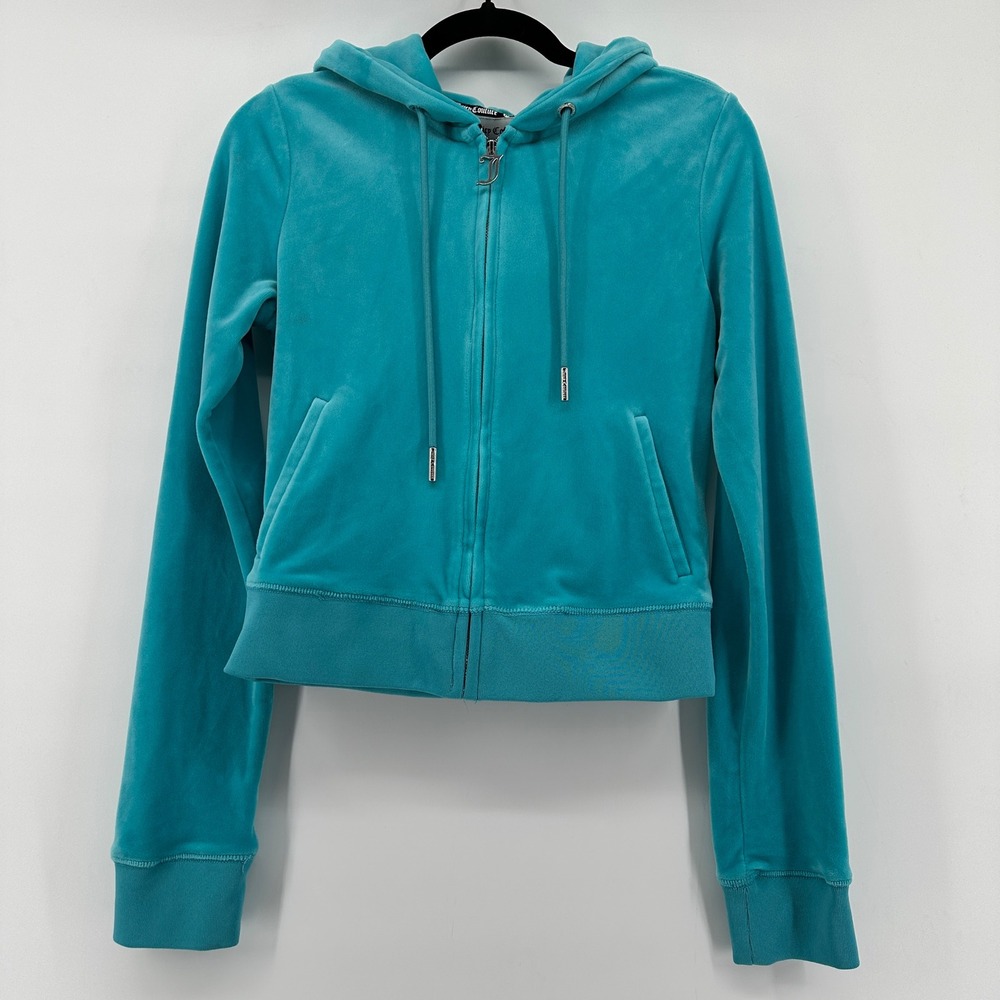 Juicy Couture Teal Velour Rhinestone Logo Zip Up Hoodie XS